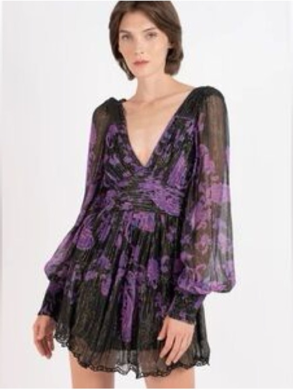 Hemant and Nandita Purple Floral V-Neck Long Sleeve Mini Dress - Viha